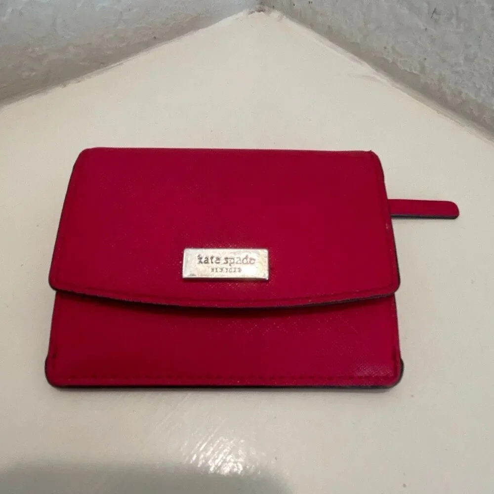 Kate Spade Compact Pouch Wallet Red Saffiano Leather Fold Over Cardholder